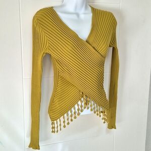 Vintage Radzoli Green Ribbed Wrap Top Fringe Tassel sz S Y2K
